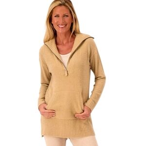 Barefoot Dreams Cozy Chic Lite 1/4 Zip Funnel Neck Camel Sweater - Sz M